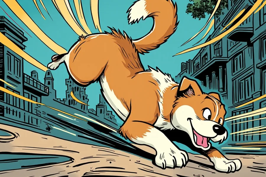 Cartoon of a dog chasing its own tail in a city street