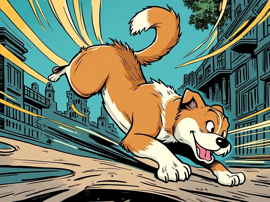 Cartoon of a dog chasing its own tail in a city street