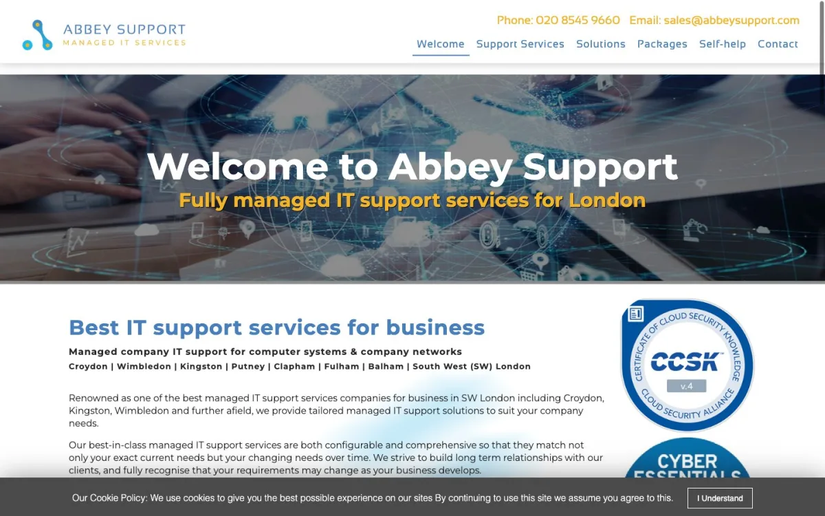 Homepage of the Abbey Support website, built by Metropolis Web Design