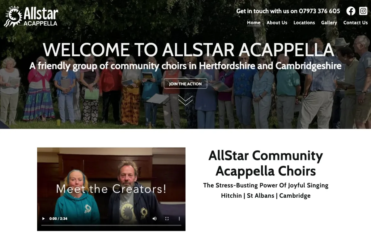 Homepage of the AllStar Community Choirs website, built by Metropolis Web Design