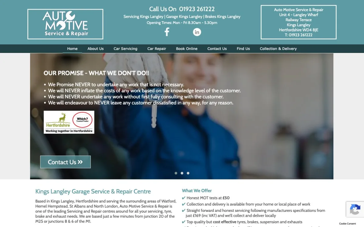 Homepage of the Automotive Service & Repair website, built by Metropolis Web Design