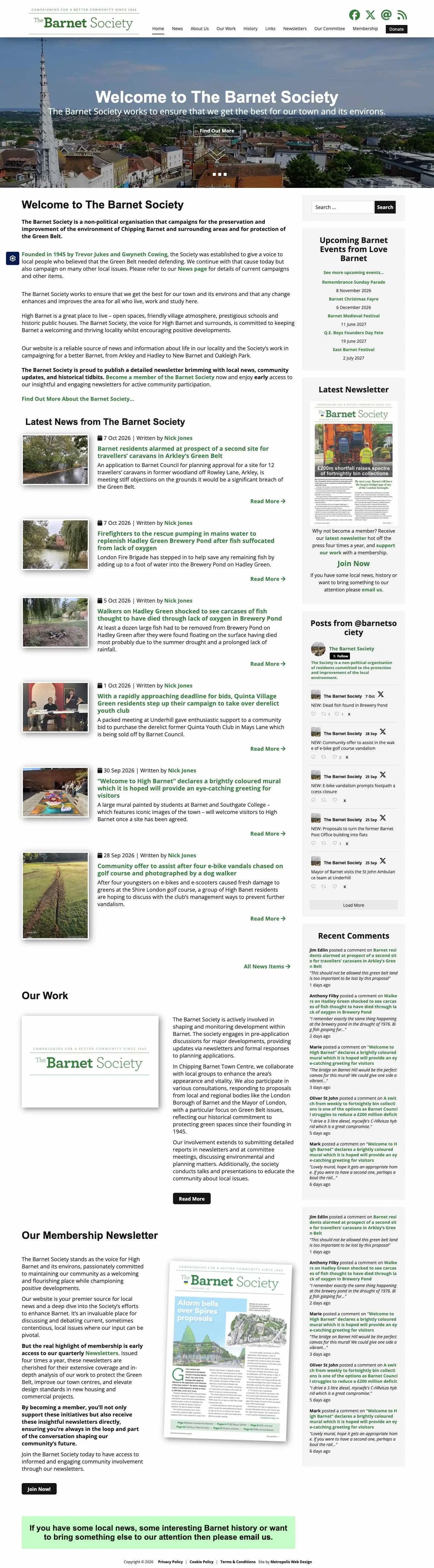Full-length homepage of The Barnet Society website, designed and built by Metropolis Web Design