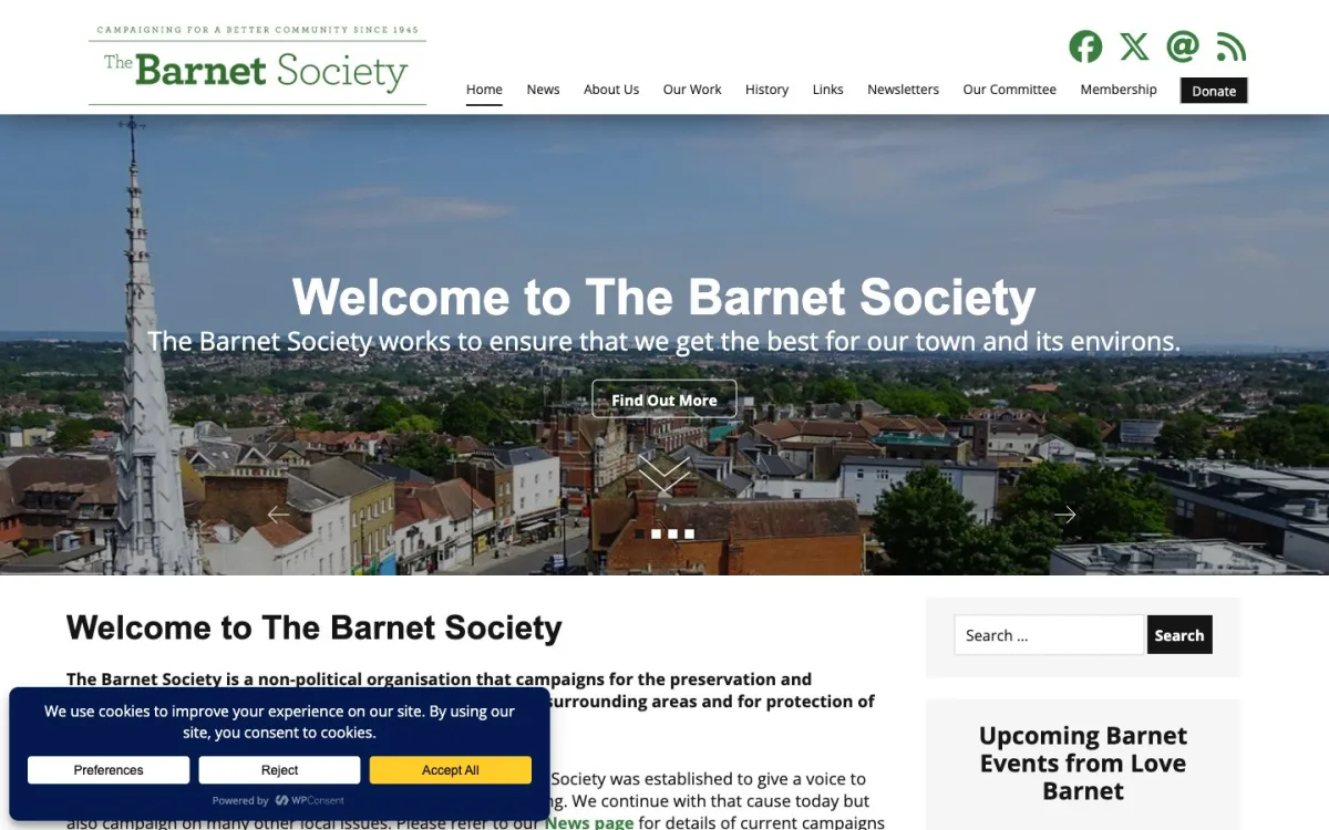 Homepage of The Barnet Society website, built by Metropolis Web Design