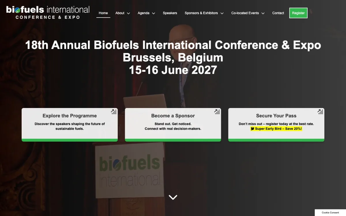 Conference and expo page of the Biofuels International website, built by Metropolis Web Design