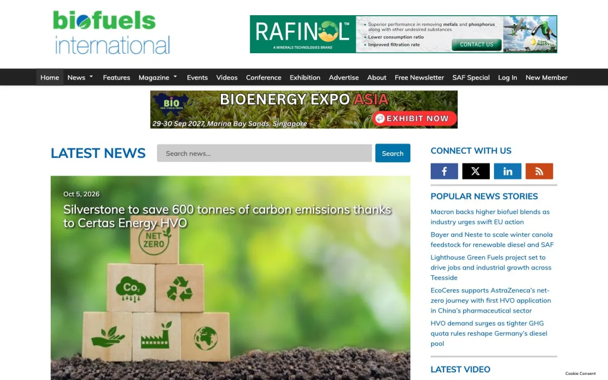 Homepage of the Biofuels International website, built by Metropolis Web Design
