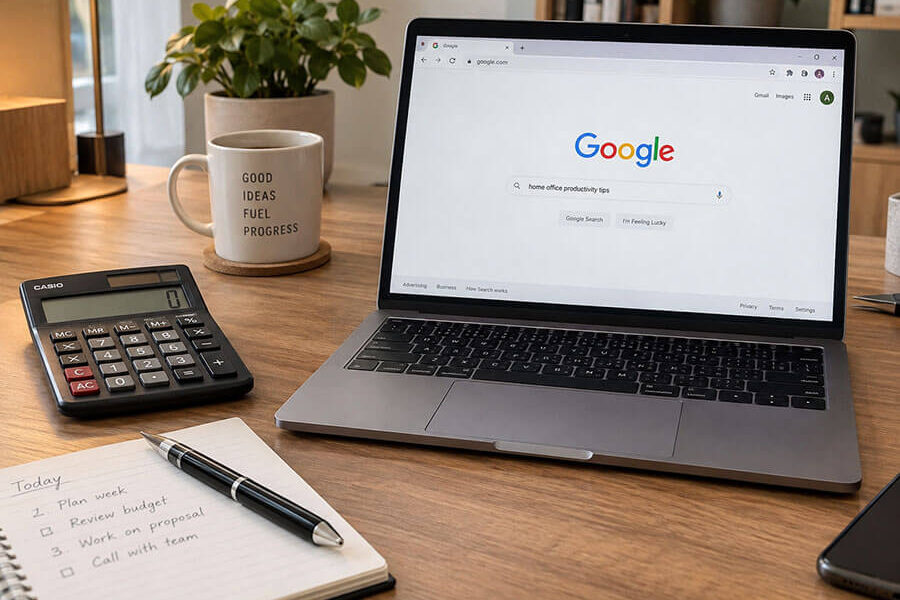A laptop showing Google search on a wooden desk, next to a calculator, a coffee mug and a notebook with a to-do list