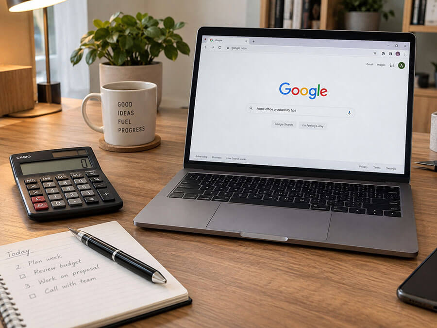 A laptop showing Google search on a wooden desk, next to a calculator, a coffee mug and a notebook with a to-do list
