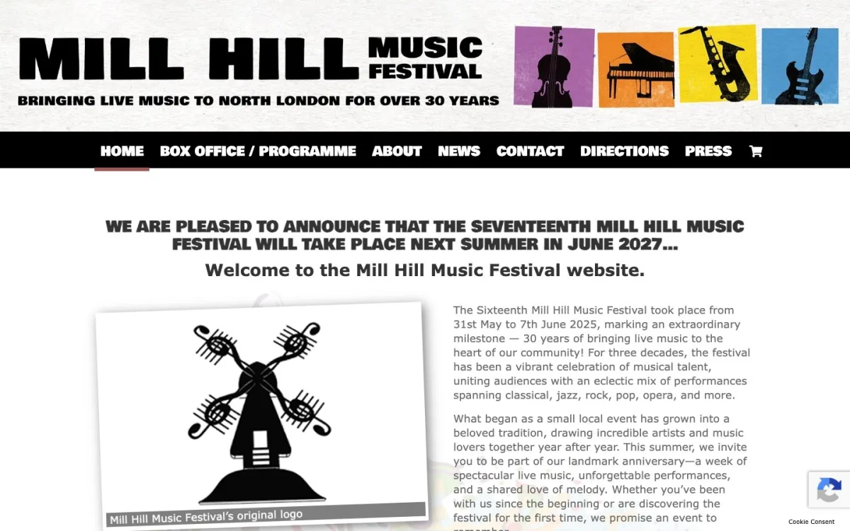 Homepage of the Mill Hill Music Festival website, built by Metropolis Web Design