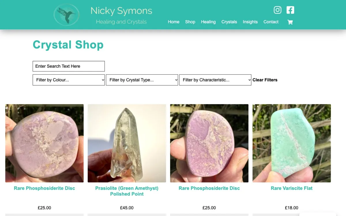 Crystal shop page of the Nicky Symons website, built by Metropolis Web Design