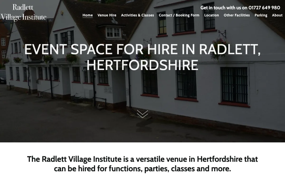 Homepage of the Radlett Village Institute website, built by Metropolis Web Design