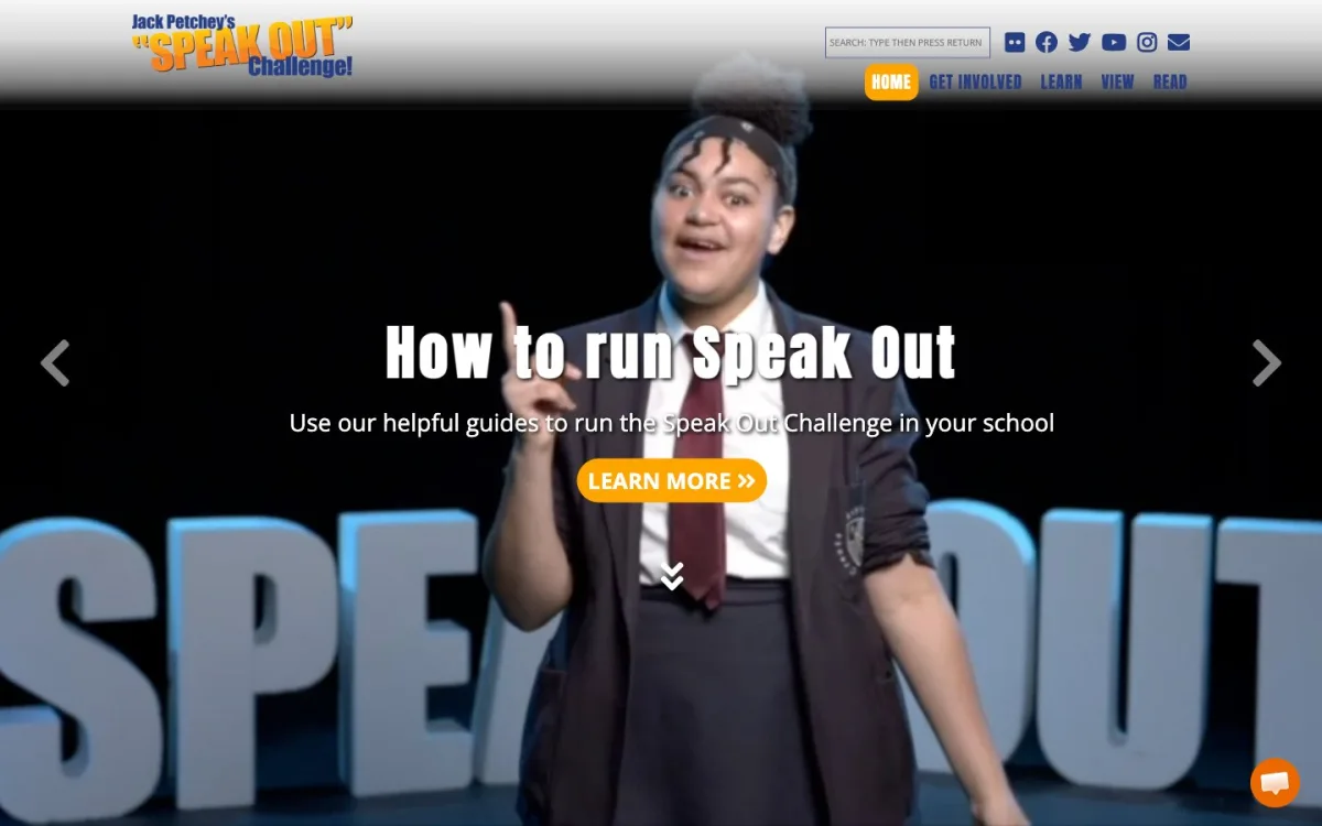 Homepage of the Jack Petchey’s Speak Out Challenge website, built by Metropolis Web Design