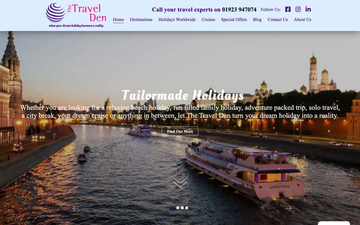 Homepage of the The Travel Den website, built by Metropolis Web Design