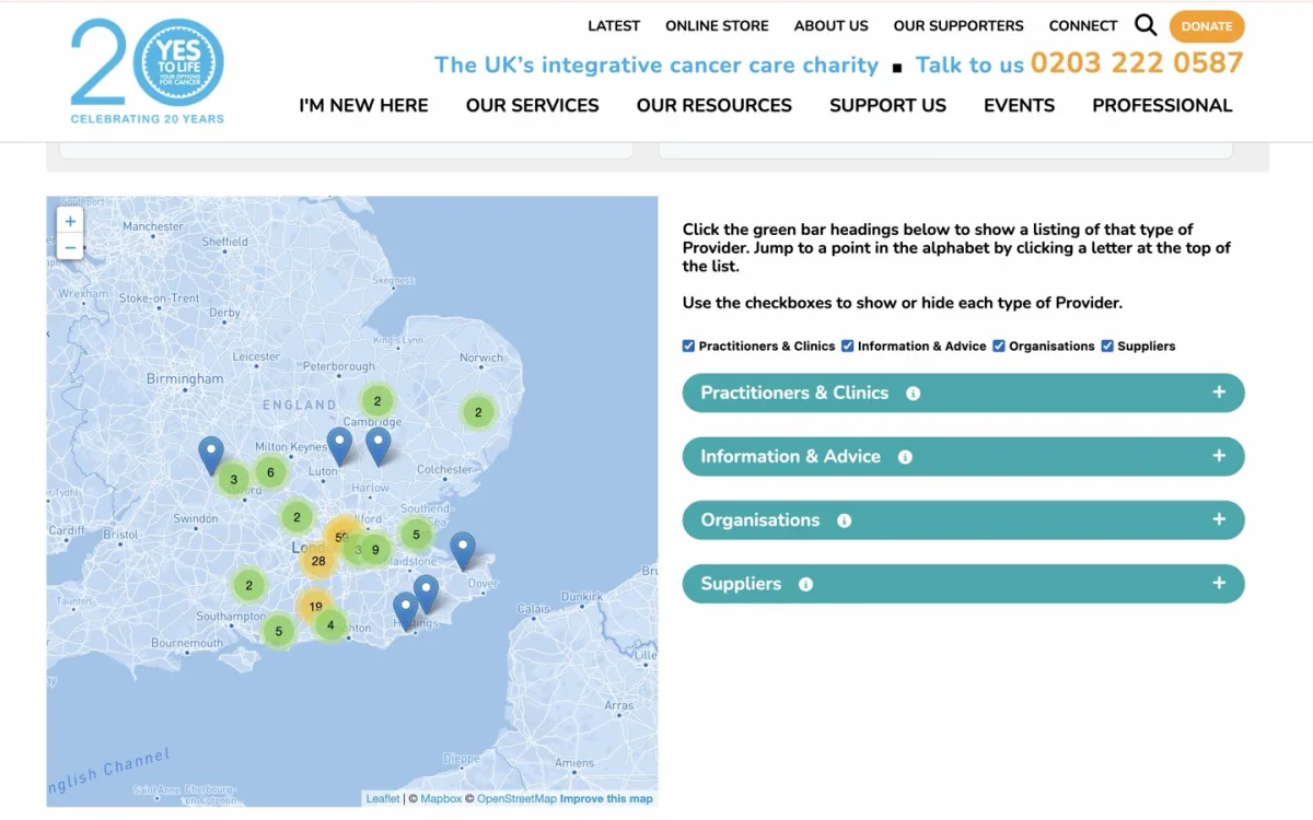 Map and directory of practitioners and clinics on the Yes to Life website, built by Metropolis Web Design