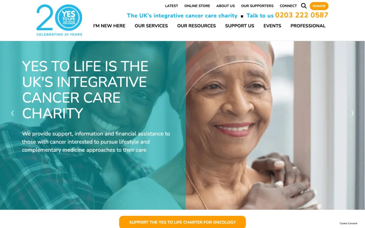 Homepage of the Yes to Life website, built by Metropolis Web Design